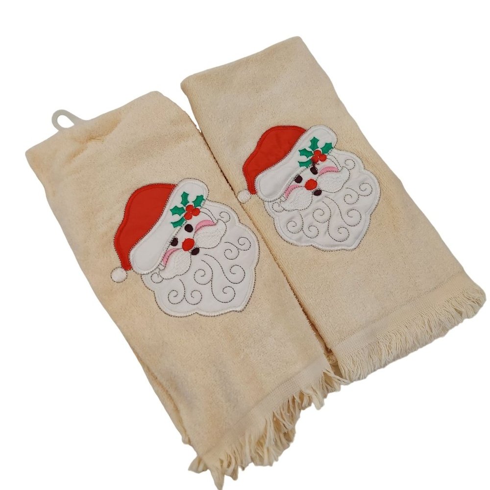 Cecil Saydah Christmas Santa Hand Towels Bathroom Kitchen Beige Neutral Set Of 2